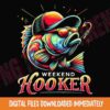 An illustrated fish wearing a cap and glasses holds a hook in its mouth. Text reads "Weekend Hooker" with a background note "DIGITAL FILES DOWNLOADED IMMEDIATELY.