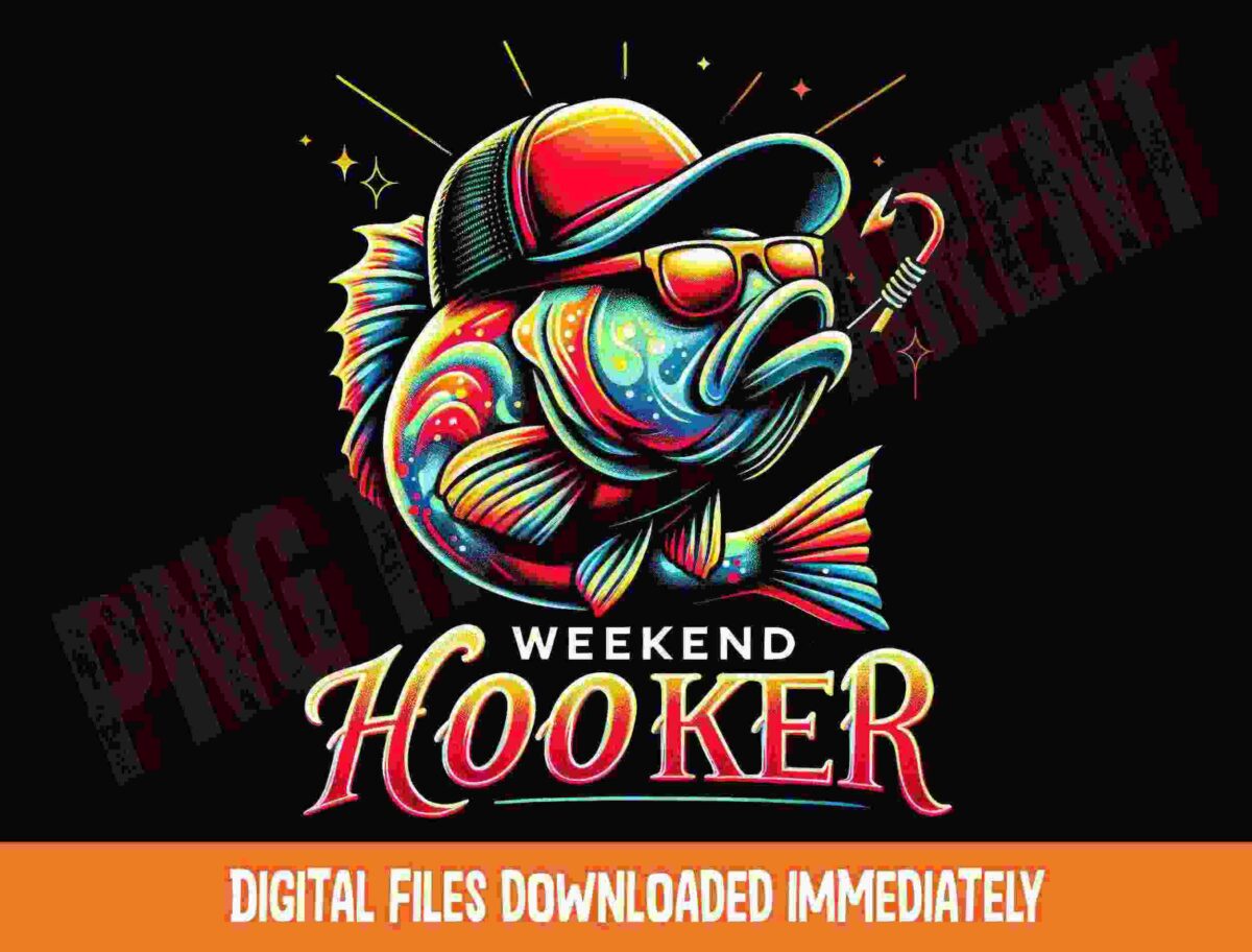An illustrated fish wearing a cap and glasses holds a hook in its mouth. Text reads "Weekend Hooker" with a background note "DIGITAL FILES DOWNLOADED IMMEDIATELY.