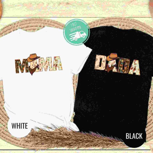 Two t-shirts on a woven mat. One is white with "MAMA" and cowboy design, the other is black with "DADA" and cowboy design. A "Fast Shipping" badge is visible above them. Color labels indicate white and black.