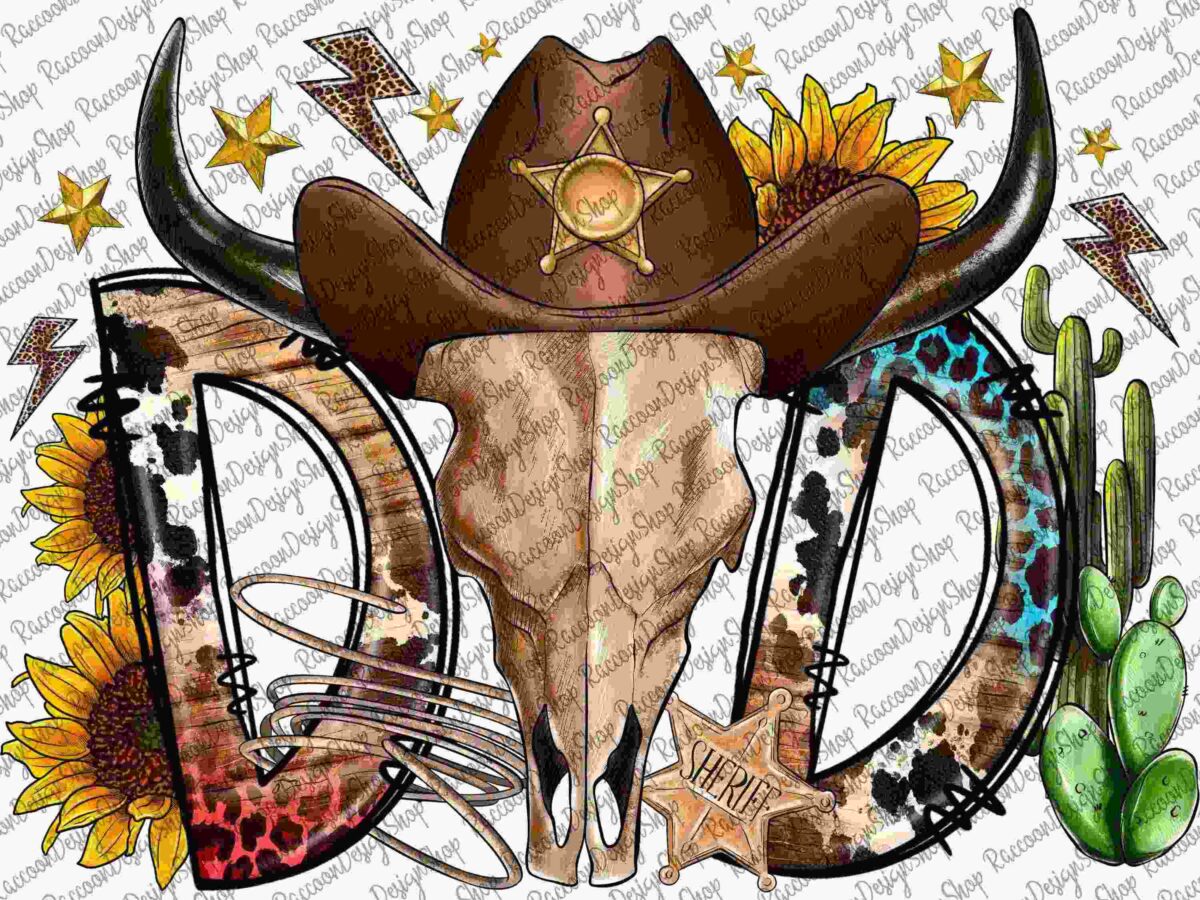 A cow skull with a sheriff hat between two decorated letters "D," flanked by sunflowers, stars, lightning bolts, and a cactus.