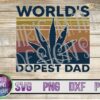 A graphic design with the text "WORLD'S DOPEST DAD" features a large cannabis leaf silhouette in the center. The background has horizontal stripes in shades of brown, orange, and blue. At the bottom, file format icons for SVG, PNG, DXF, and PDF are displayed.