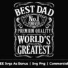 Black background with white ornate text that reads, "Best Dad No.1 Forever Premium Quality World's Greatest." At the bottom, it says, "+ FREE Svgs As Bonus | Svg Png | Commercial Use.