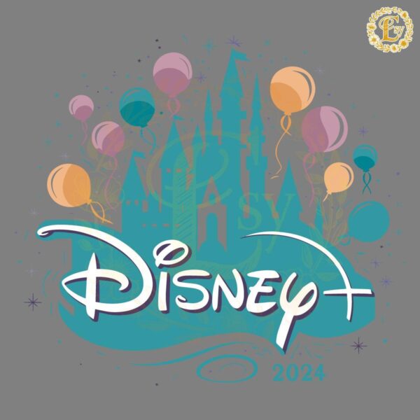 **Disney+ 2024 logo featuring a castle silhouette with colorful balloons floating around it.**