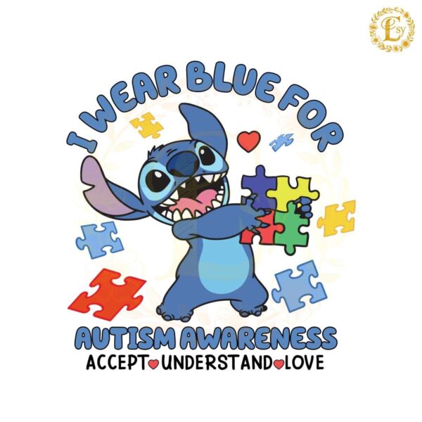 I Wear Blue For Autism Awareness Stitch Puzzle Piece PNG