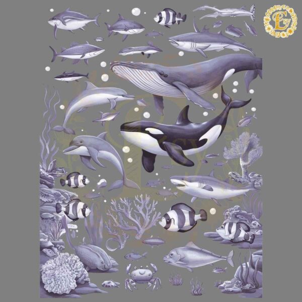 Ocean Nature Coral Whale Orca Turtle Dolphin Retro PNG