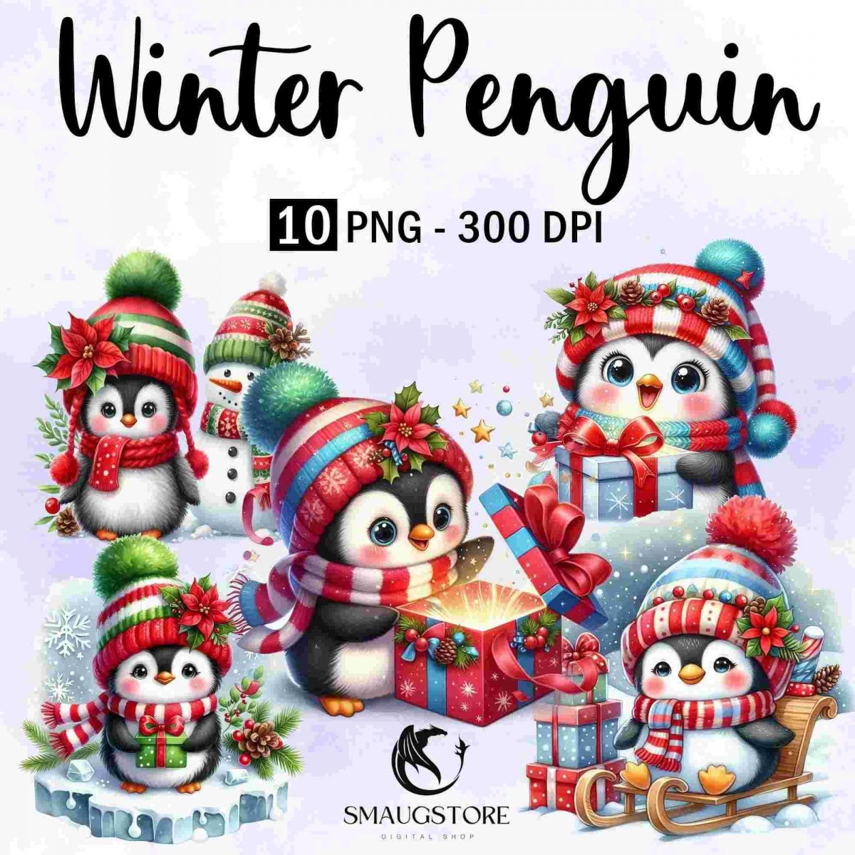 10+ Christmas Penguin Clipart Bundle, Watercolor Winter Penguin Clipart, Cute Penguin Christmas Png, Christmas Bundle Png, Commercial Use