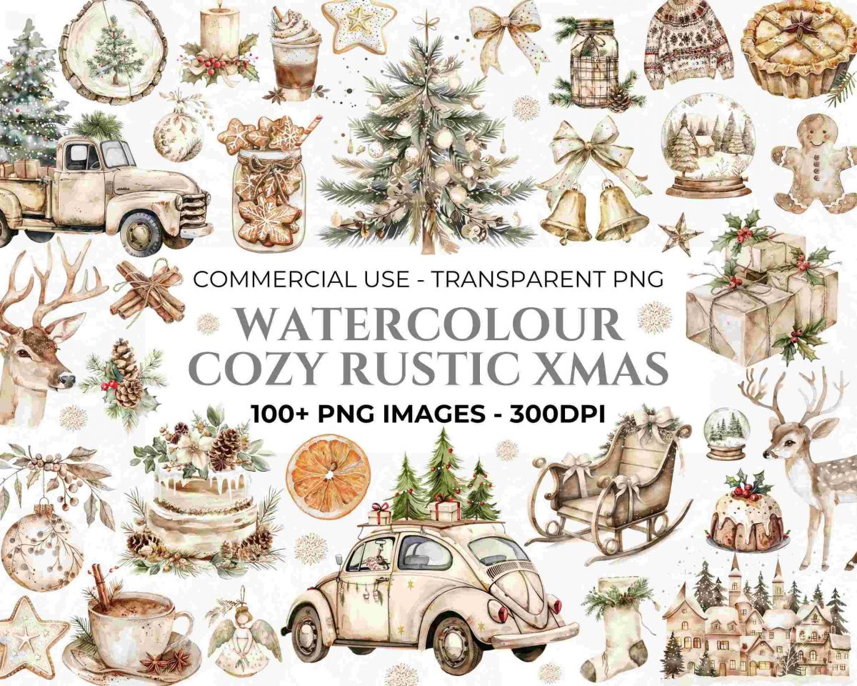 100+ Watercolour Rustic Christmas Clipart, Christmas Tree Clipart, Boho Christmas PNG Bundle, Cozy Christmas Clipart, Commercial Clipart