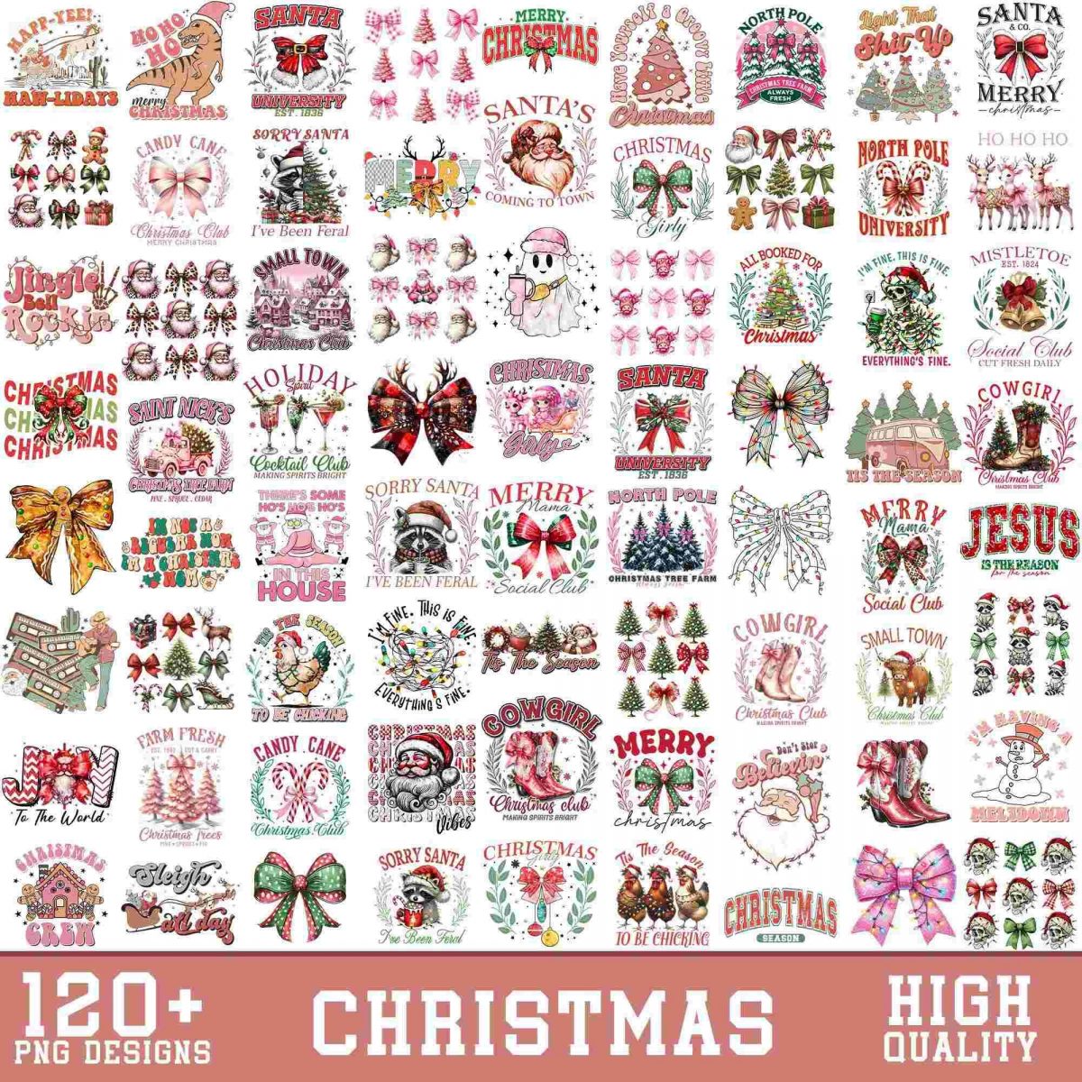 120+ Christmas PNG Bundle Coquette Bow Merry Christmas Western Santa Claus Trendy Girly Christmas Mama Tis The Season Sublimation Designs