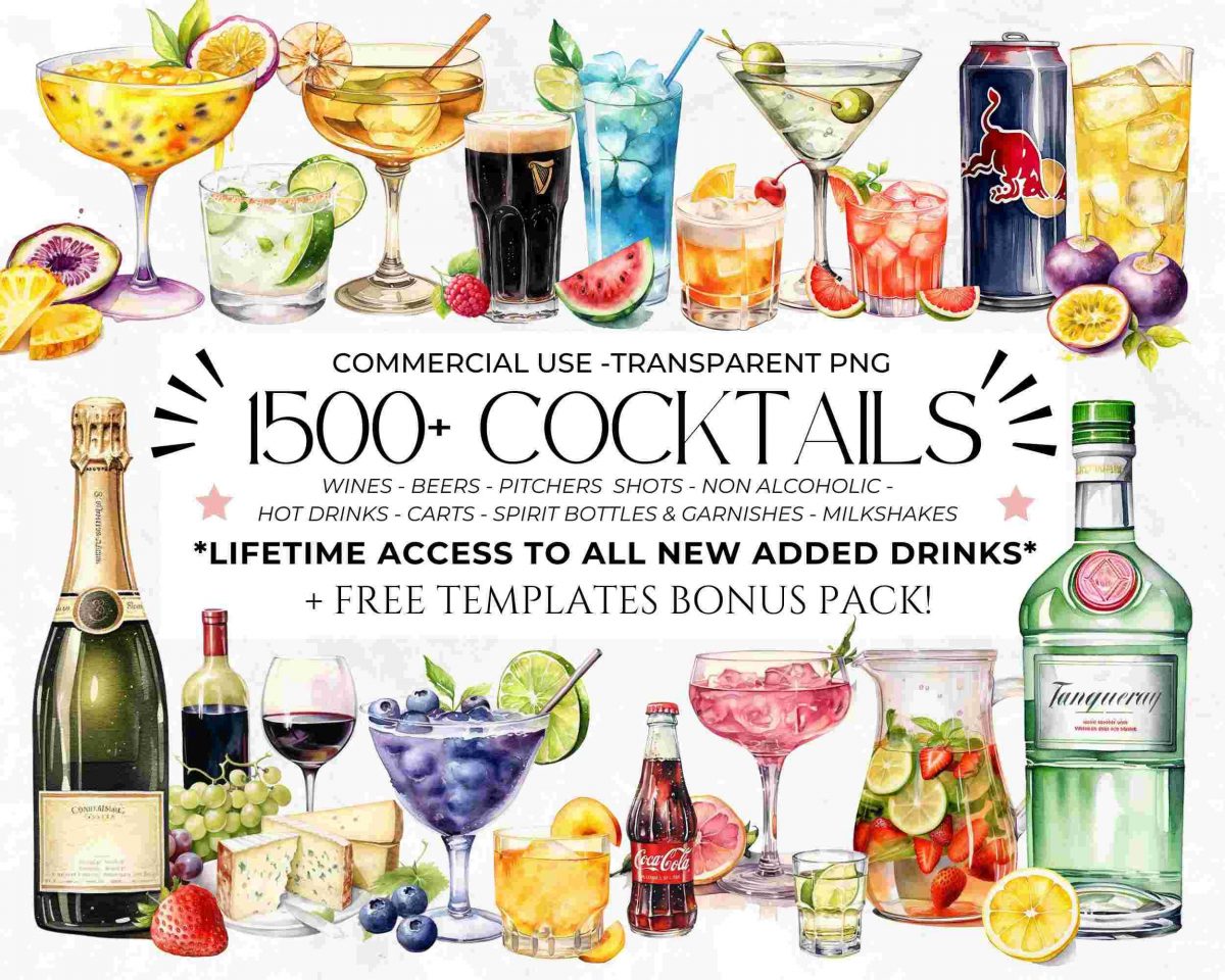 1500 Watercolour Cocktail SVG PNG Signature Alcohol NonAlcoholic