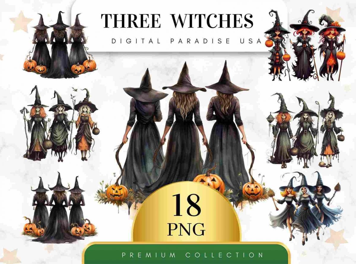 18 Watercolor Witch Clipart Set Halloween PNG Witchcraft Art