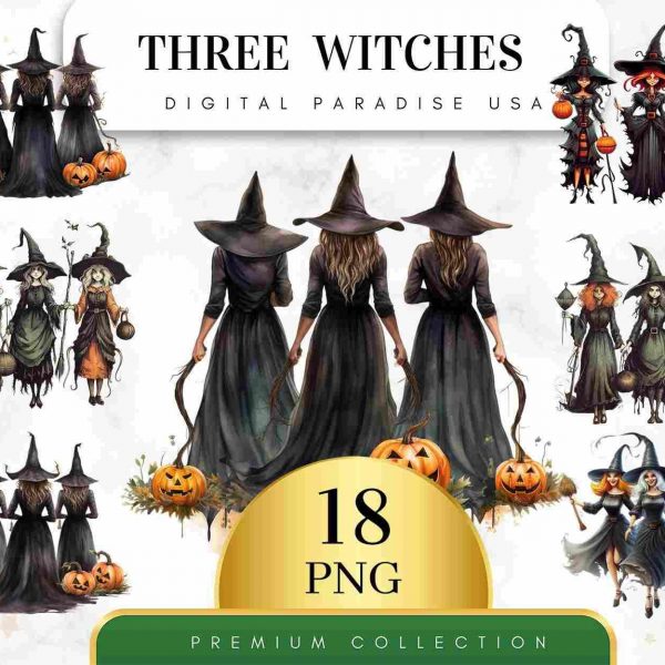 18 Watercolor Witch Clipart Set Halloween PNG Witchcraft Art