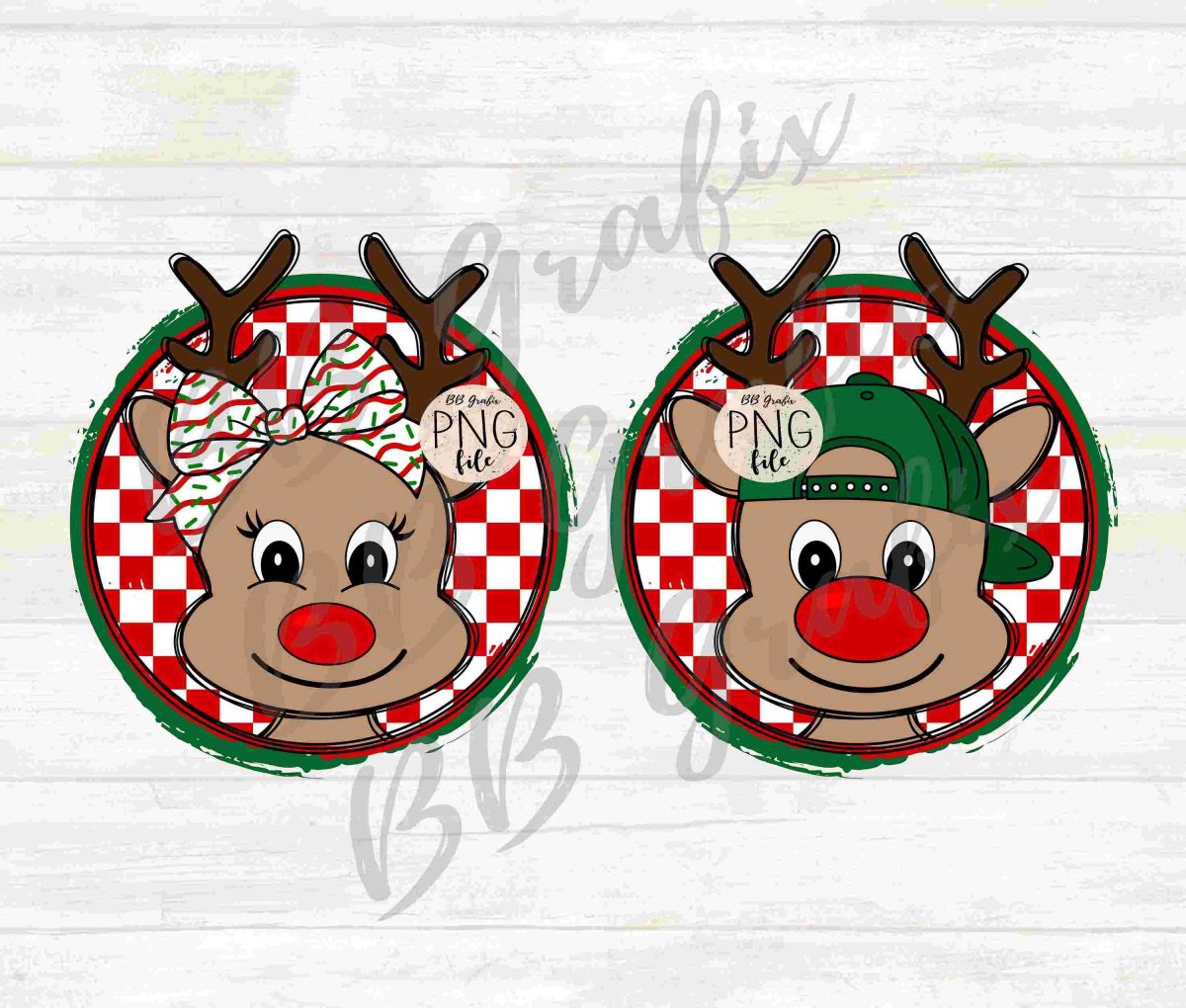 2 Cute Reindeer Deer Boy Girl Hat Bow Checker Christmas Svg Png