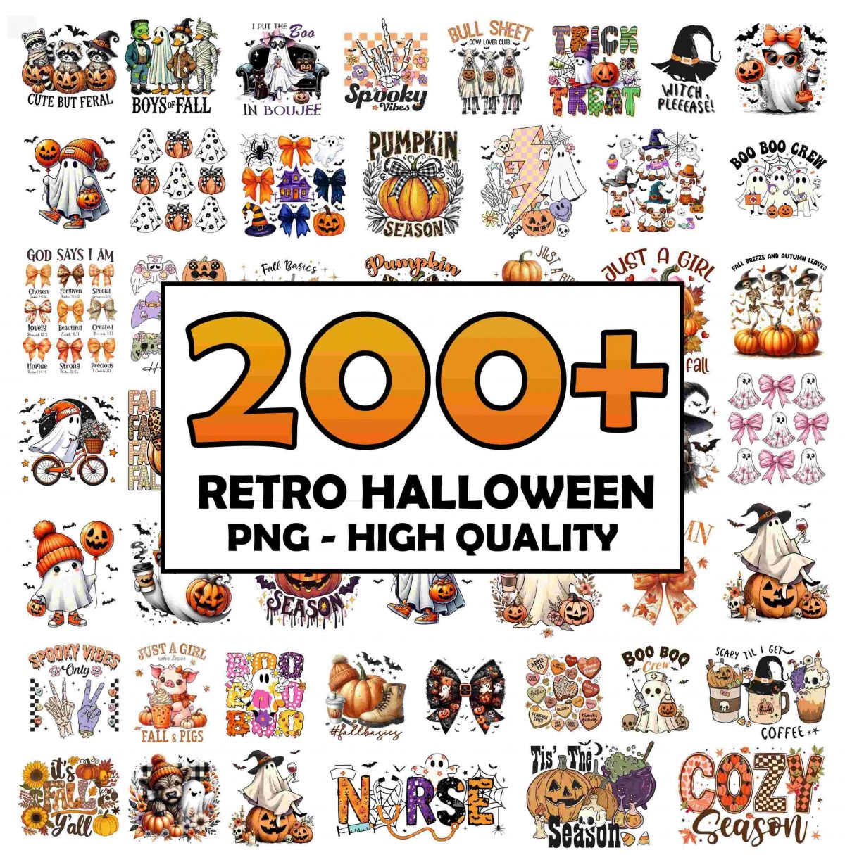 200 Halloween Retro Bundle PNG Spooky Season Fall Designs