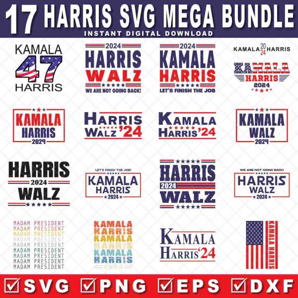 2024 Harris Walz SVG PNG Bundle Kamala Retro Stripe Tim Waltz