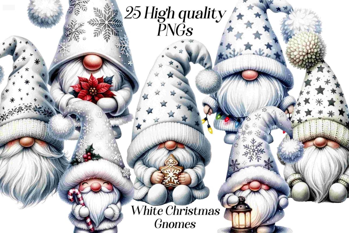 25 High Quality Watercolor White Christmas Gnomes SVG PNG Clipart