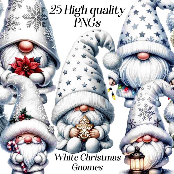 25 High Quality Watercolor White Christmas Gnomes SVG PNG Clipart