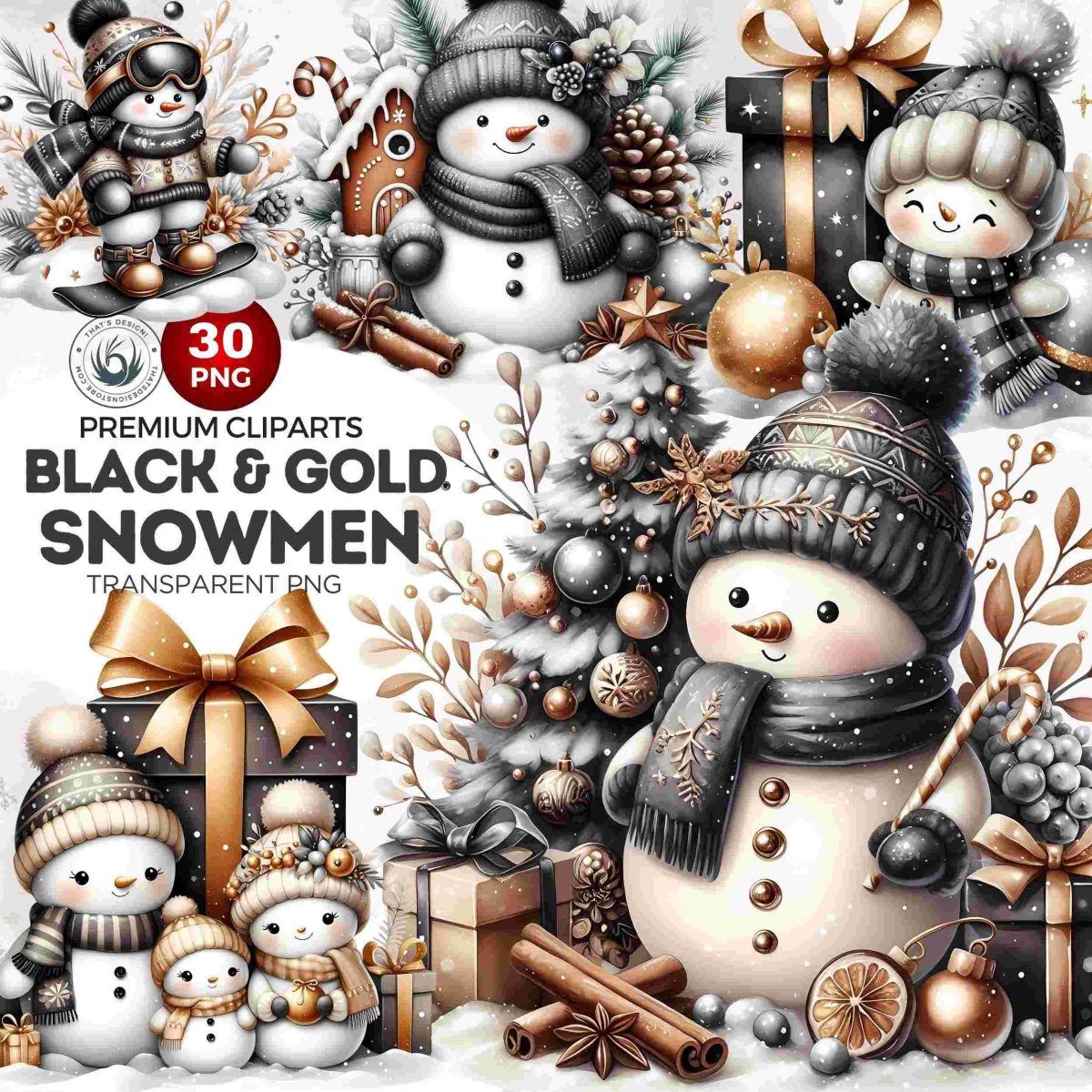 30 Snowman Clipart bundle, Black and Gold Festive Christmas snowman png illustration,Winter Clipart for Christmas cards & sublimation design