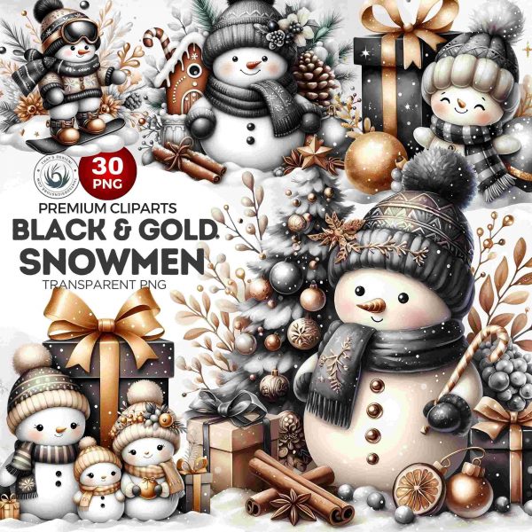 30 Snowman Clipart bundle, Black and Gold Festive Christmas snowman png illustration,Winter Clipart for Christmas cards & sublimation design