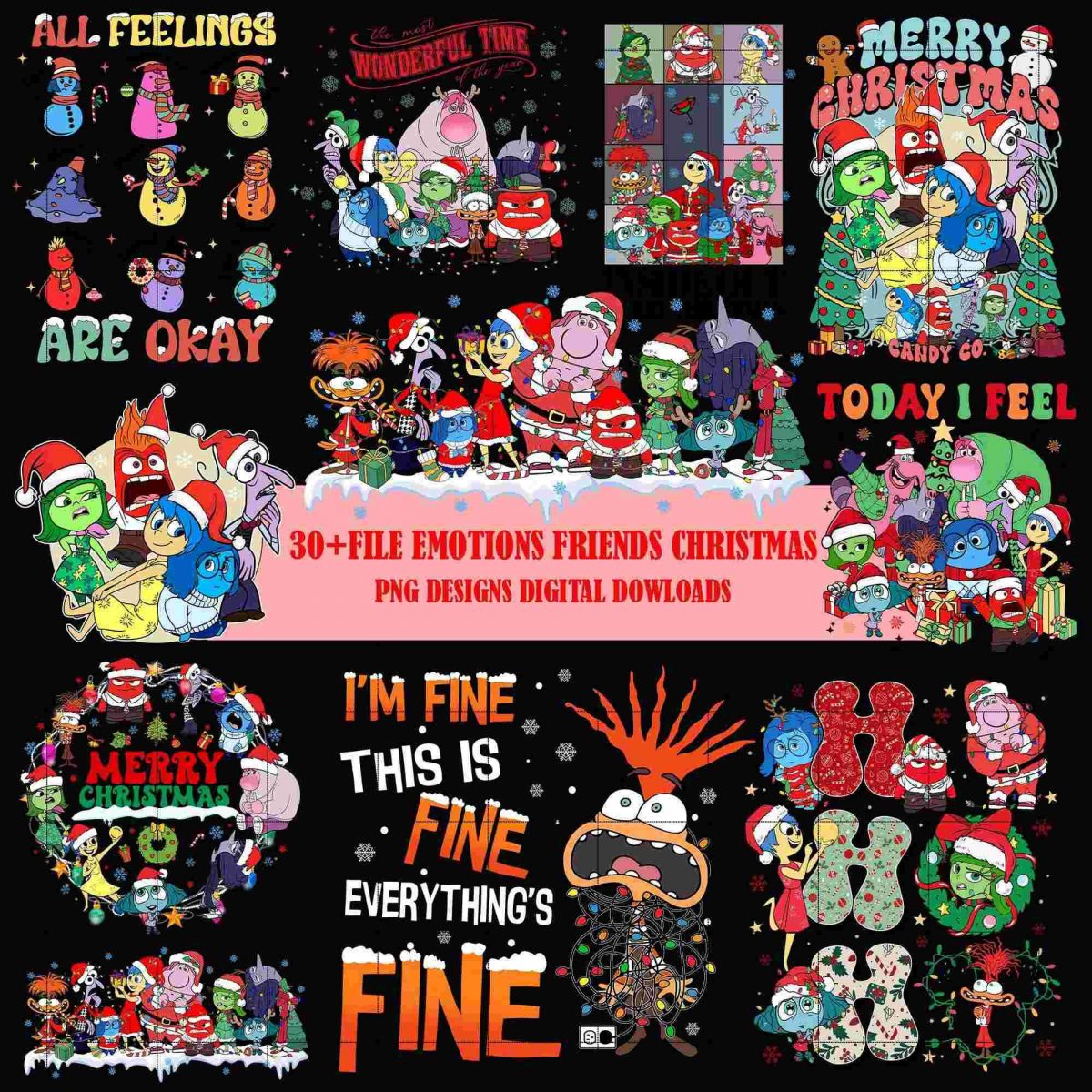 30++Bundle Cartoon Emotions Friends Christmas Png, Merry Christmas Png, Mental Health Png, Xmas Holiday, Cute Cartoon Characters, Xmas Light