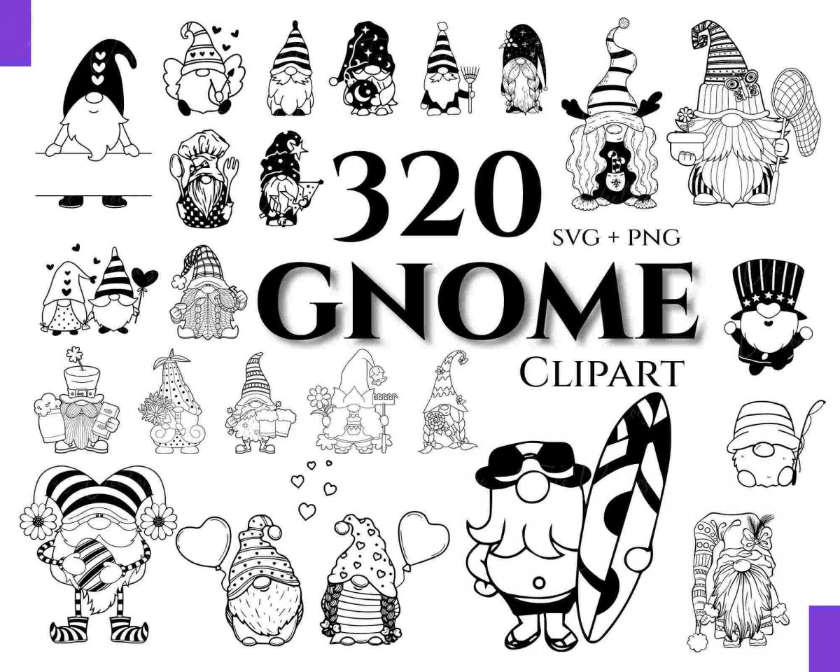 320 Gnome SVG PNG Outlined Silhouette Design Christmas Female Gnome