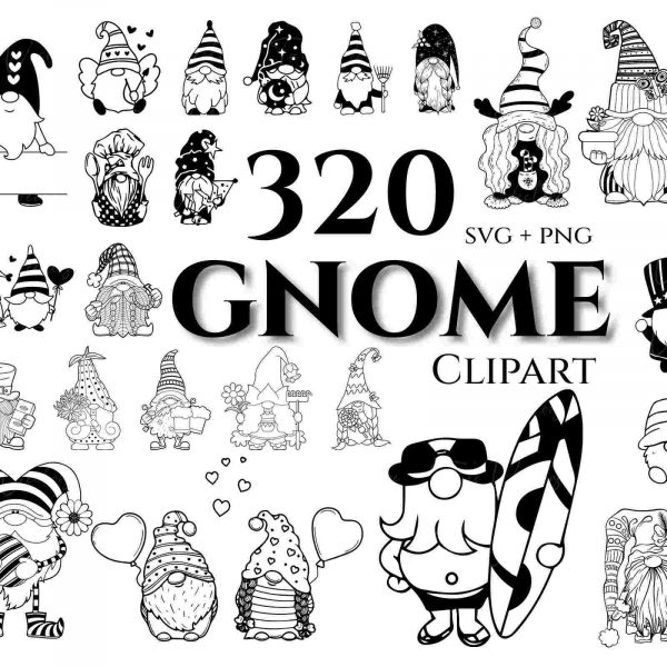 320 Gnome SVG PNG Outlined Silhouette Design Christmas Female Gnome