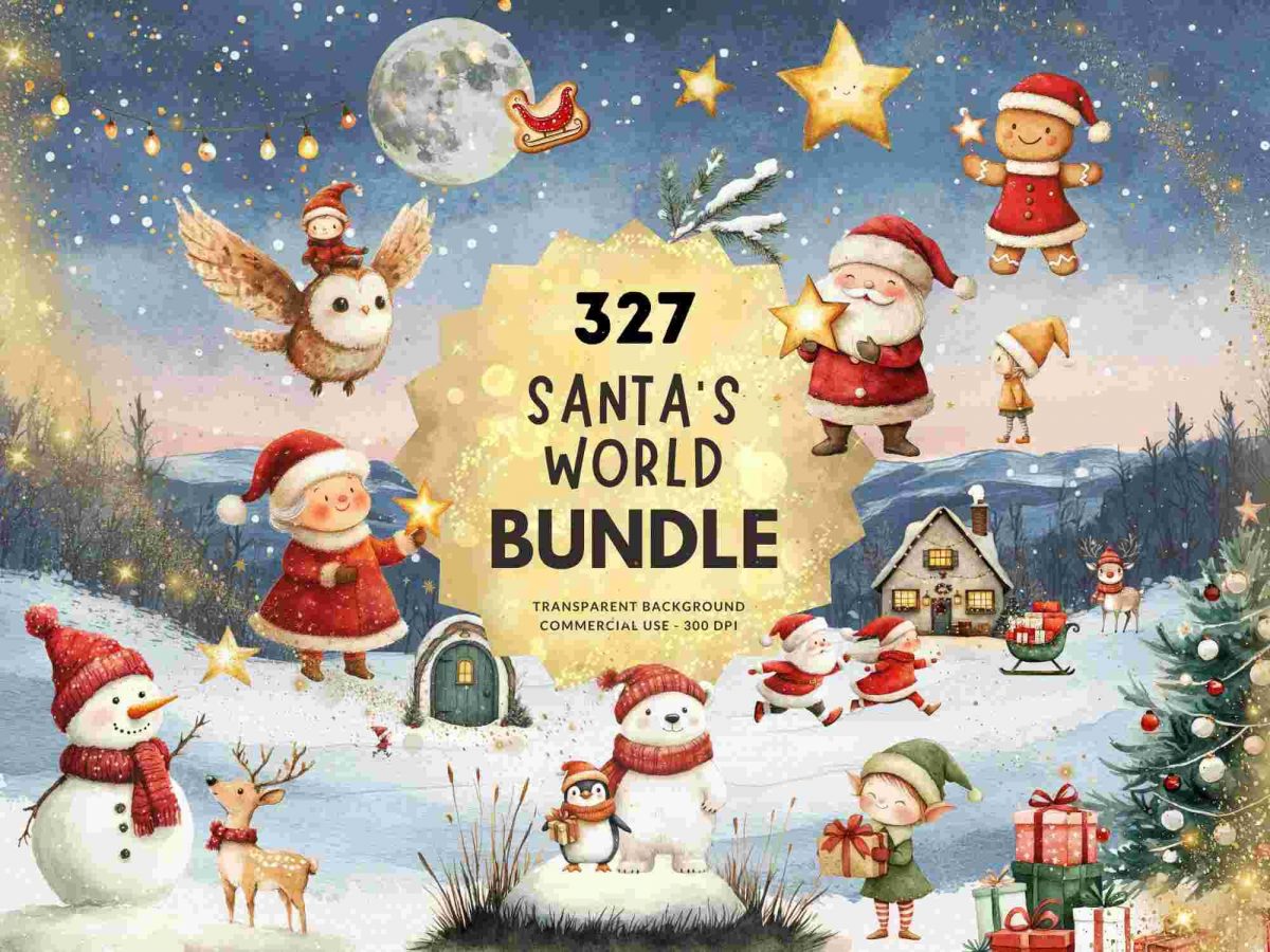 327 Santa's World Bundle, Christmas Watercolor Clipart, Winter Holiday PNG, Digital Download, Transparent Background, Commercial Use