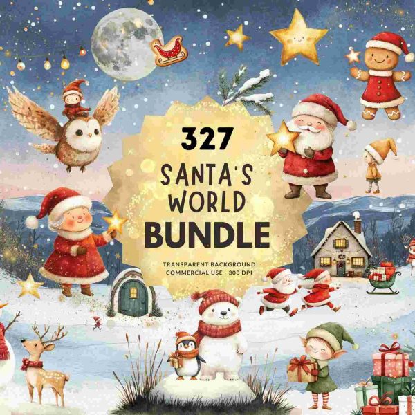 327 Santa's World Bundle, Christmas Watercolor Clipart, Winter Holiday PNG, Digital Download, Transparent Background, Commercial Use