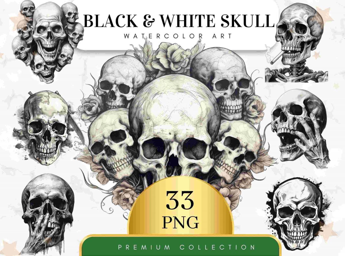 33 Watercolor Skull Clipart Set Gothic Fantasy Wiccan SVG PNG