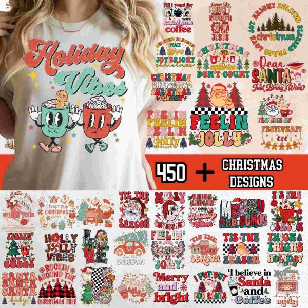 450 Festive Retro Christmas Designs for Print on Demand SVG PNG More