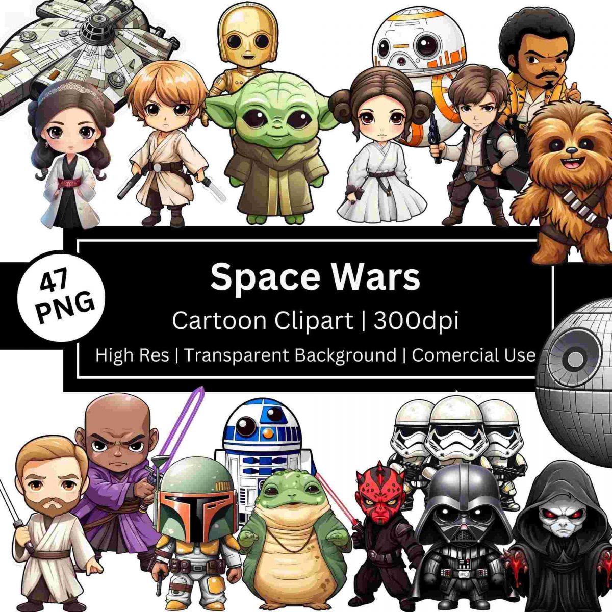 47 Space Wars Cute Cartoon Clipart Set Chibi Kawaii Movie Wall Art