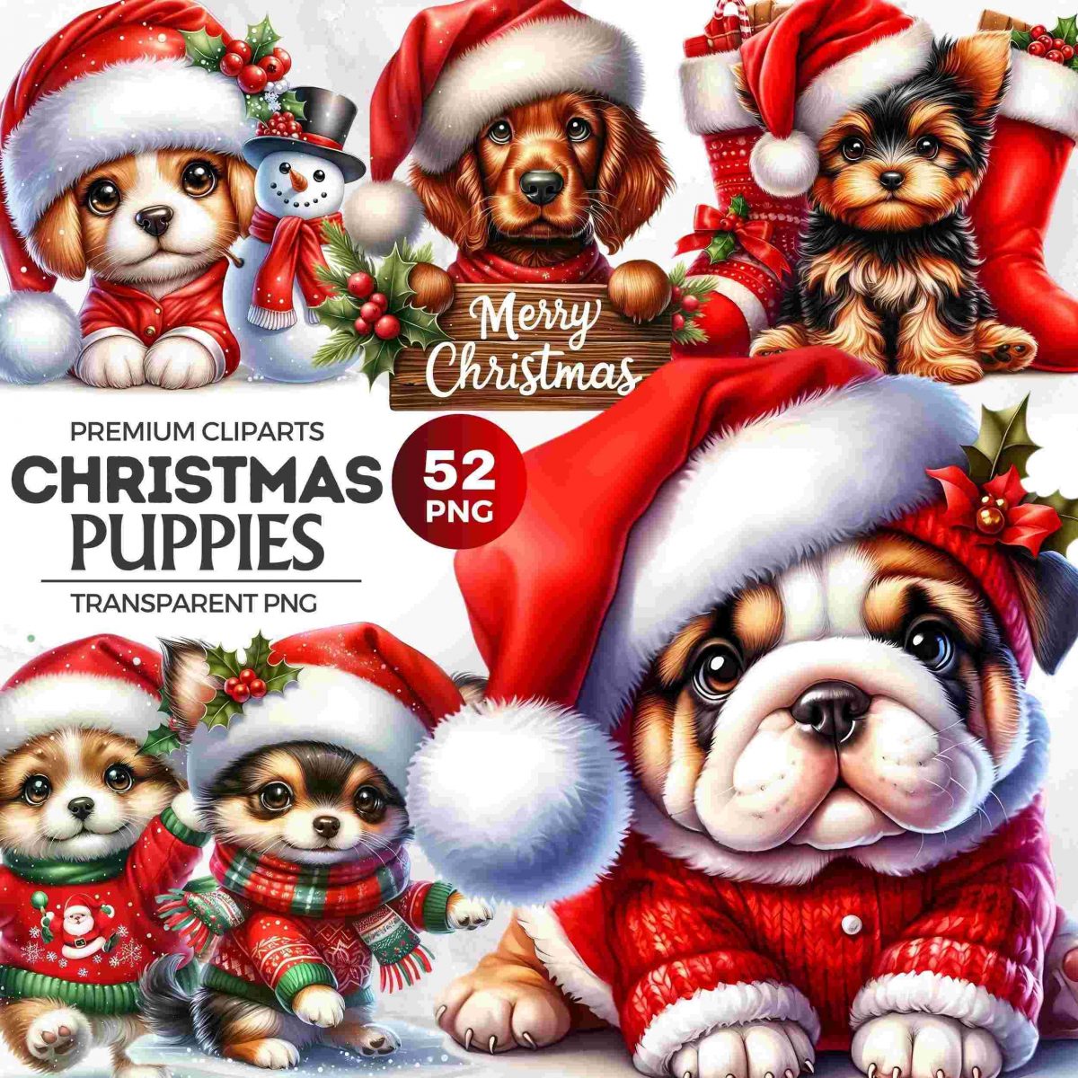 52 Christmas puppies Clipart Set, Christmas dog, puppy santa hat, Christmas Clipart, Christmas cards, bulldog, yorkie, labrador, chihuahua