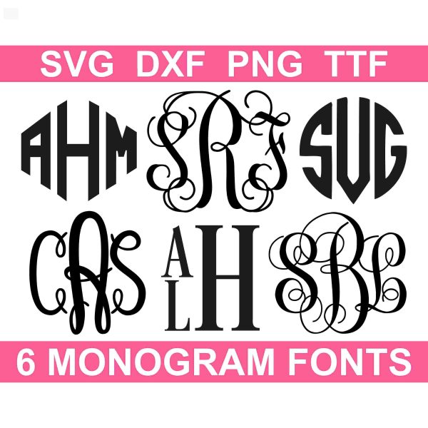 6 Monogram Fonts Bundle TTF SVG Alphabets Instant Download