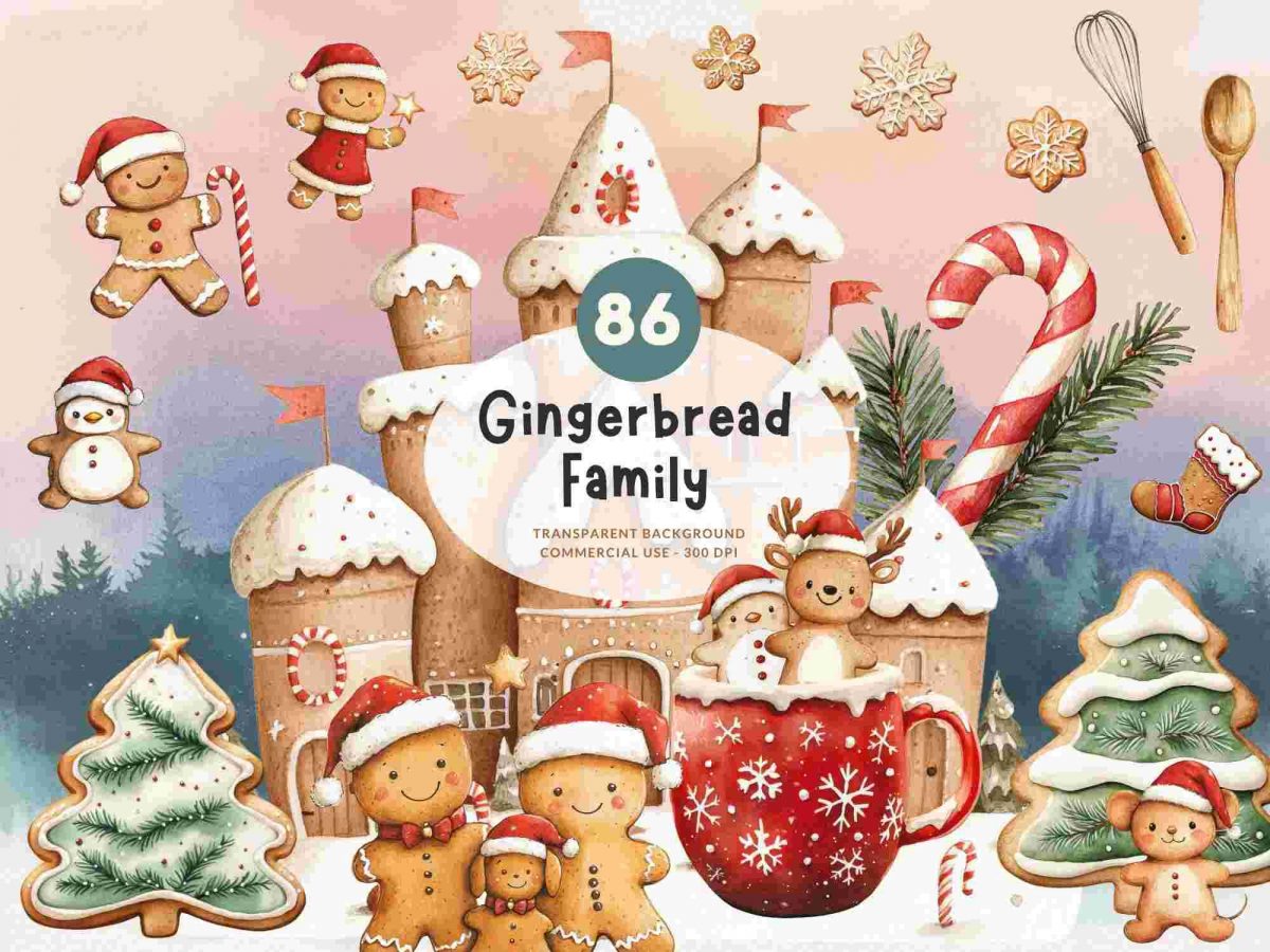 86 Gingerbread Family Christmas Watercolor Clipart, Winter PNG, Transparent Background, Digital Download, Commercial Use, Junk Journal