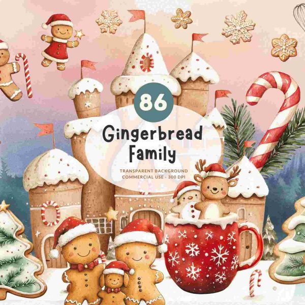 86 Gingerbread Family Christmas Watercolor Clipart, Winter PNG, Transparent Background, Digital Download, Commercial Use, Junk Journal