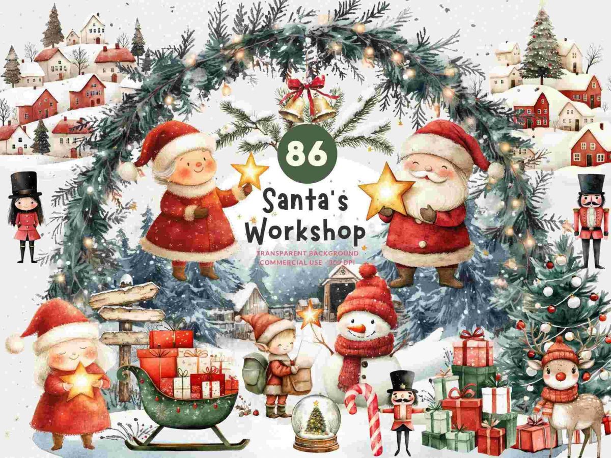 86 Santas Workshop Christmas Watercolor Clipart, PNG, Winter Clipart, Transparent Background, Digital Download, Commercial Use, Junk Journal