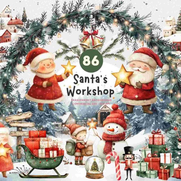 86 Santas Workshop Christmas Watercolor Clipart, PNG, Winter Clipart, Transparent Background, Digital Download, Commercial Use, Junk Journal