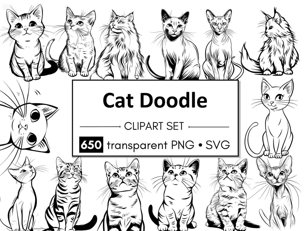 Adorable Cat Clipart Bundle 650 PNG SVG 300dpi Doodle Style Decor