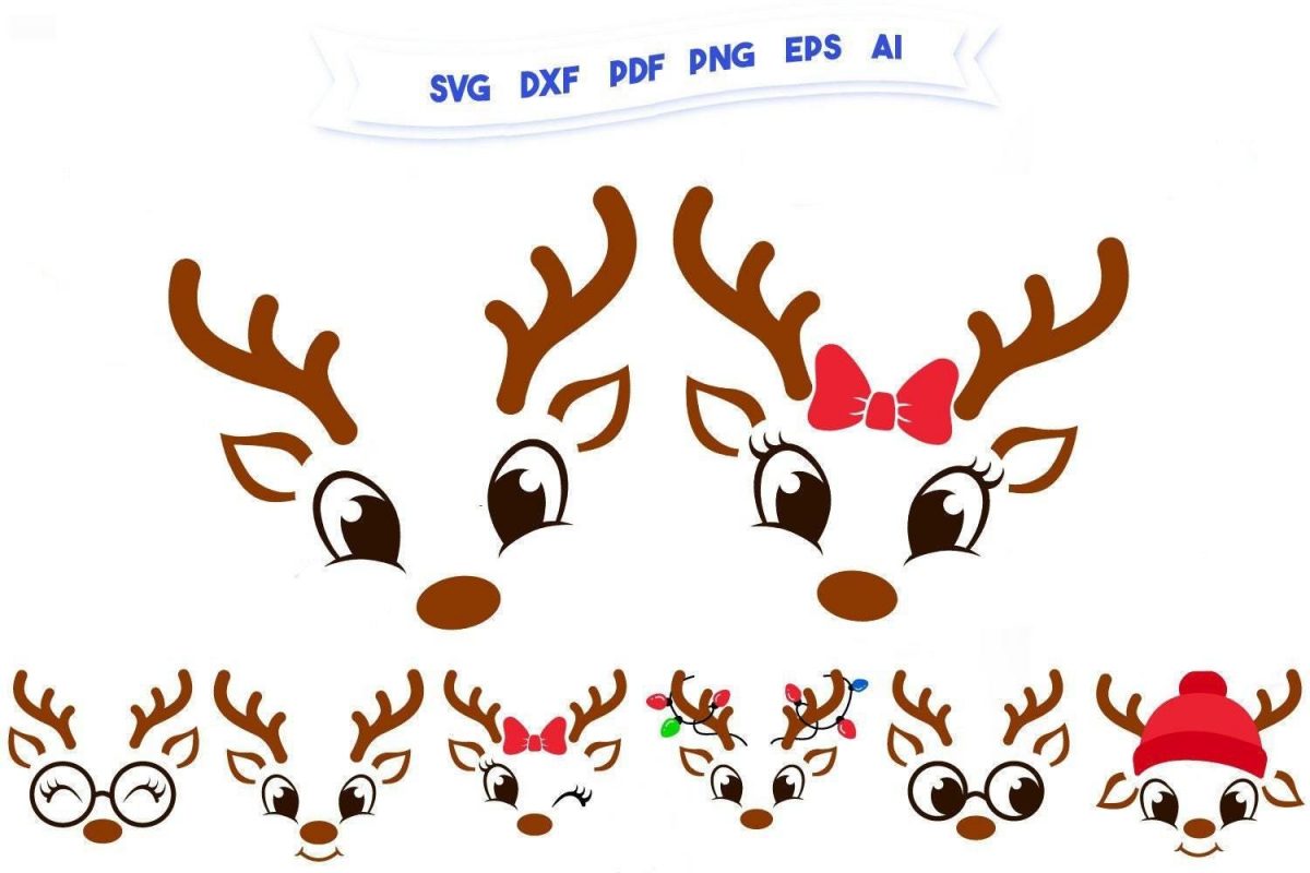 Adorable Christmas Reindeer SVG PNG Bundle 2023 Cute Girl Boy Faces