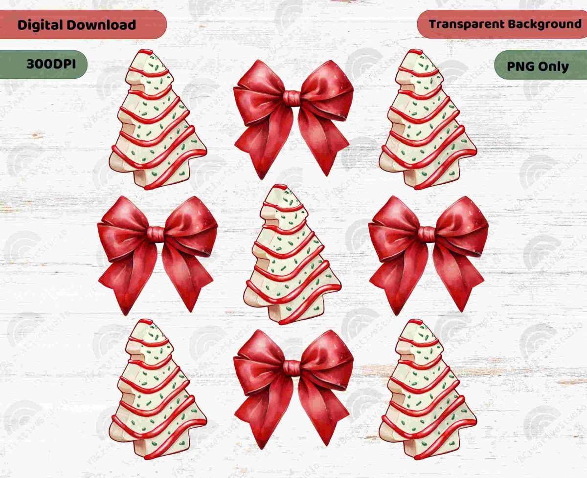 Adorable Christmas Tree Cake Coquette Bow PNG Designs for Girly