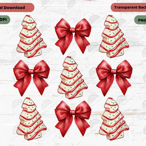 Adorable Christmas Tree Cake Coquette Bow PNG Designs for Girly