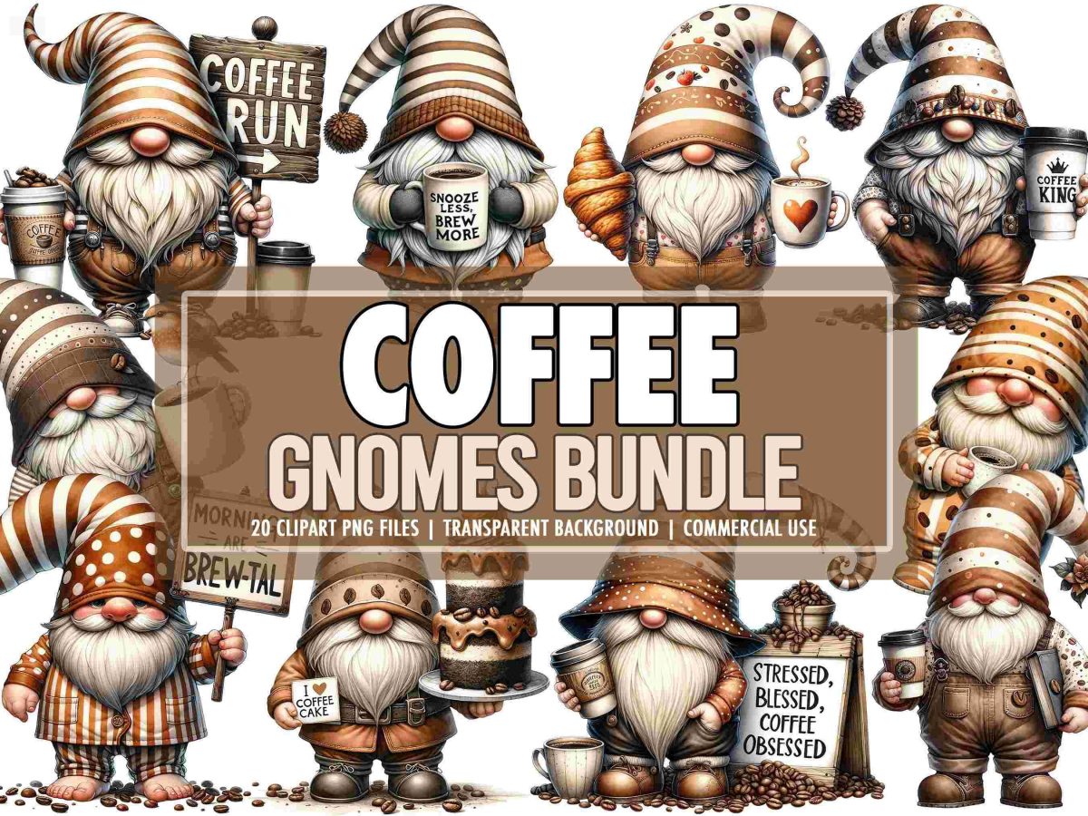 Adorable Coffee Lover Gnome Clipart Bundle 20 Watercolor PNGs for