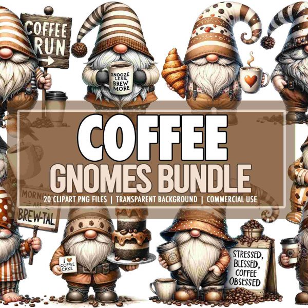 Adorable Coffee Lover Gnome Clipart Bundle 20 Watercolor PNGs for