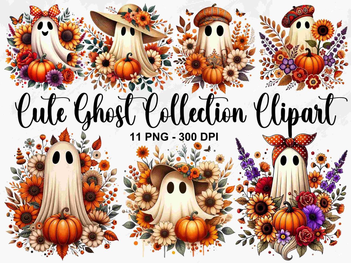 Adorable Ghost Clipart Bundle 11 Halloween PNGs Fall Pumpkins Autumn