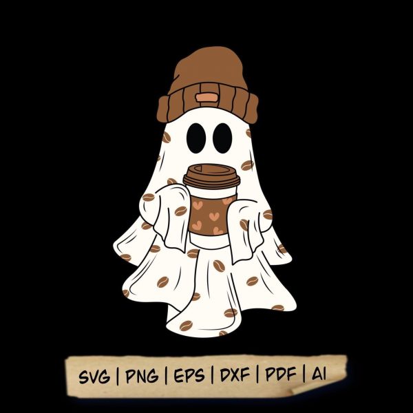 Adorable Ghost Enjoying Coffee SVG Spooky Ice Coffee PNG Halloween