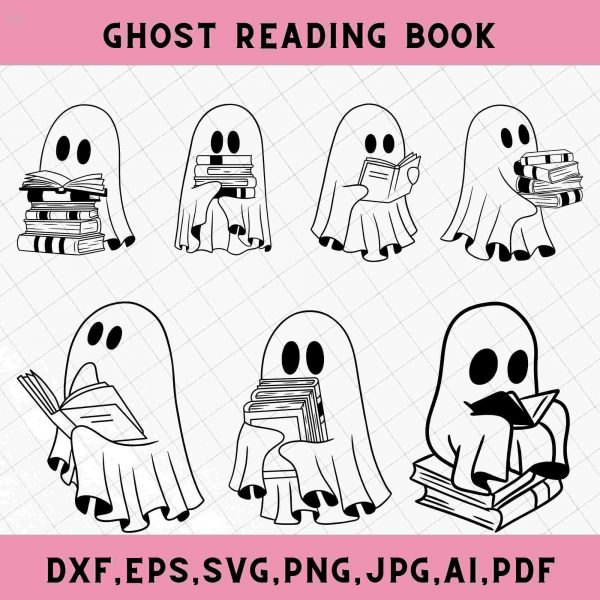 Adorable ghost reading svg Ghost with book png Spooky clipart for