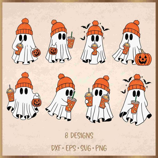 Adorable ghost with iced coffee SVG Bundle 8 spooky designs for