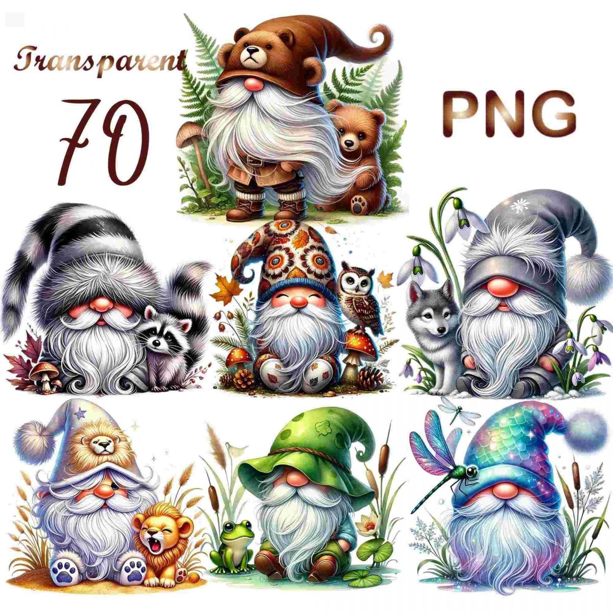 Adorable Gnomes Animals SVGPNG Clipart Bundle