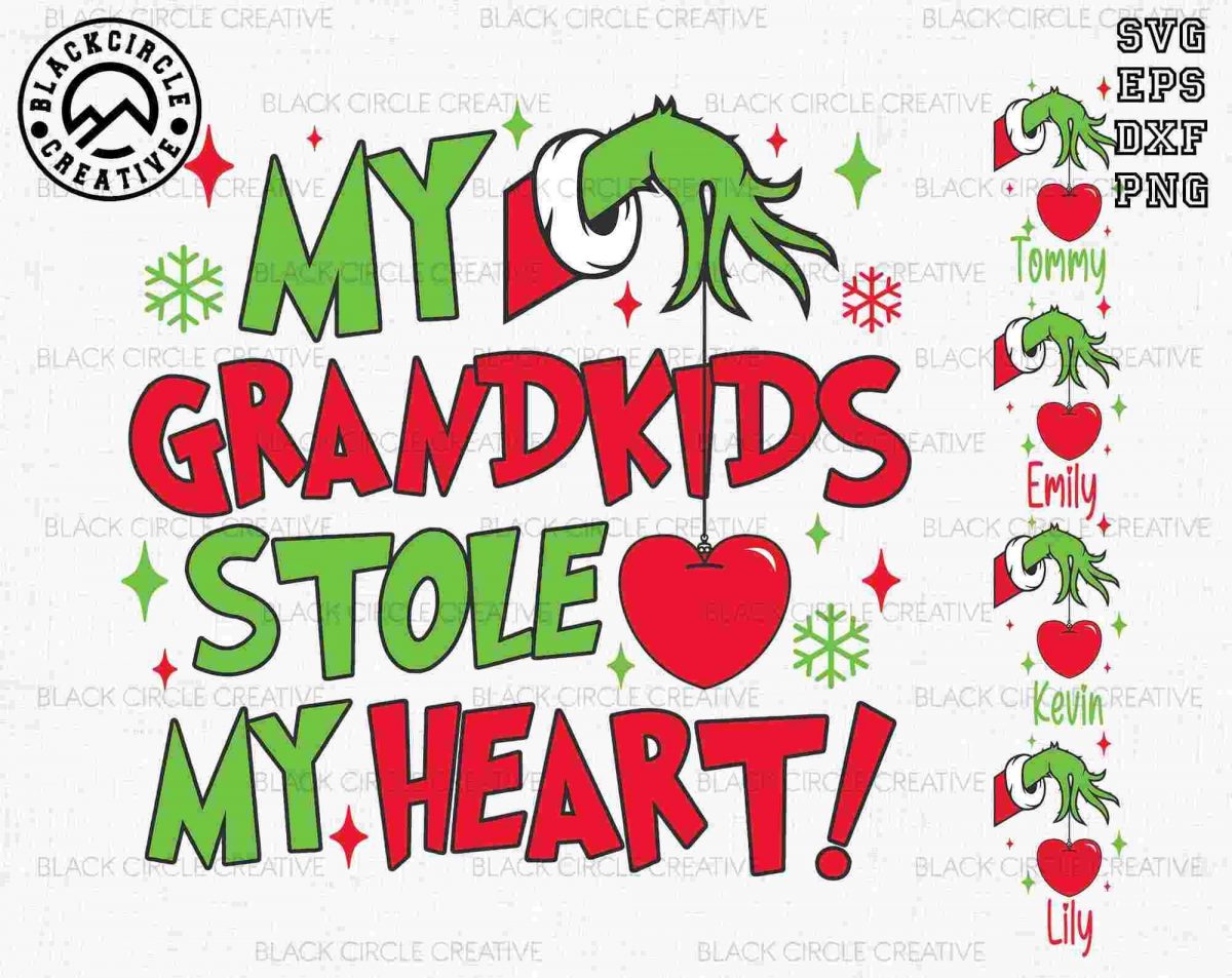 Adorable Grandkids Heart SVG Hand Drawn Green Guy SVG Kids Name PNG