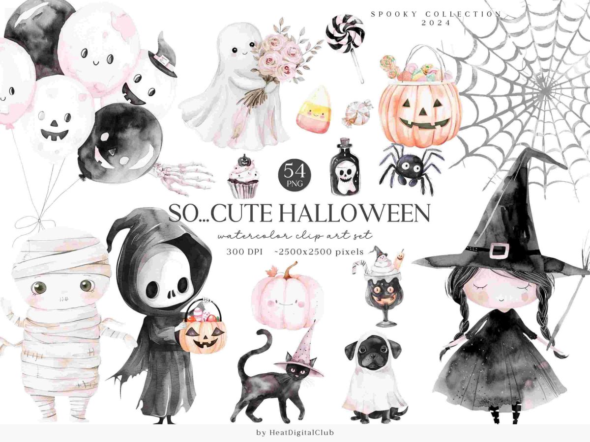 Adorable Halloween Clipart Bundle Watercolor Pastel Kids PNG SVG