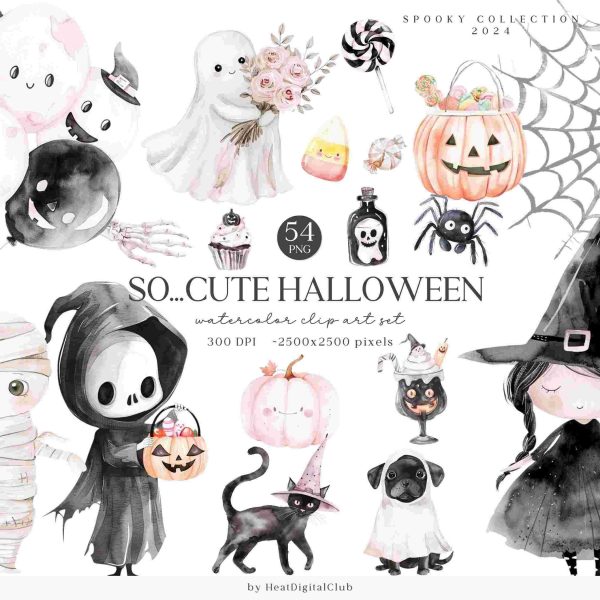 Adorable Halloween Clipart Bundle Watercolor Pastel Kids PNG SVG